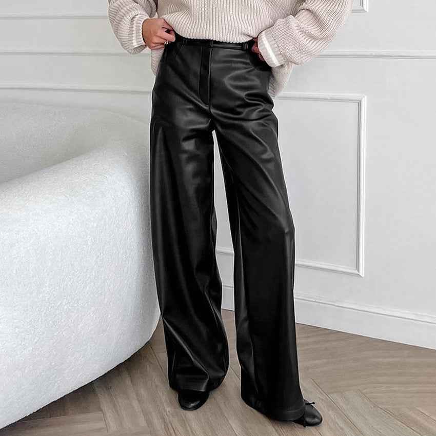 Fall French Vintage Fleece Lined Matte Leather Slim Fit Elegant Black High Waist Loose Office All Matching Trousers for Women