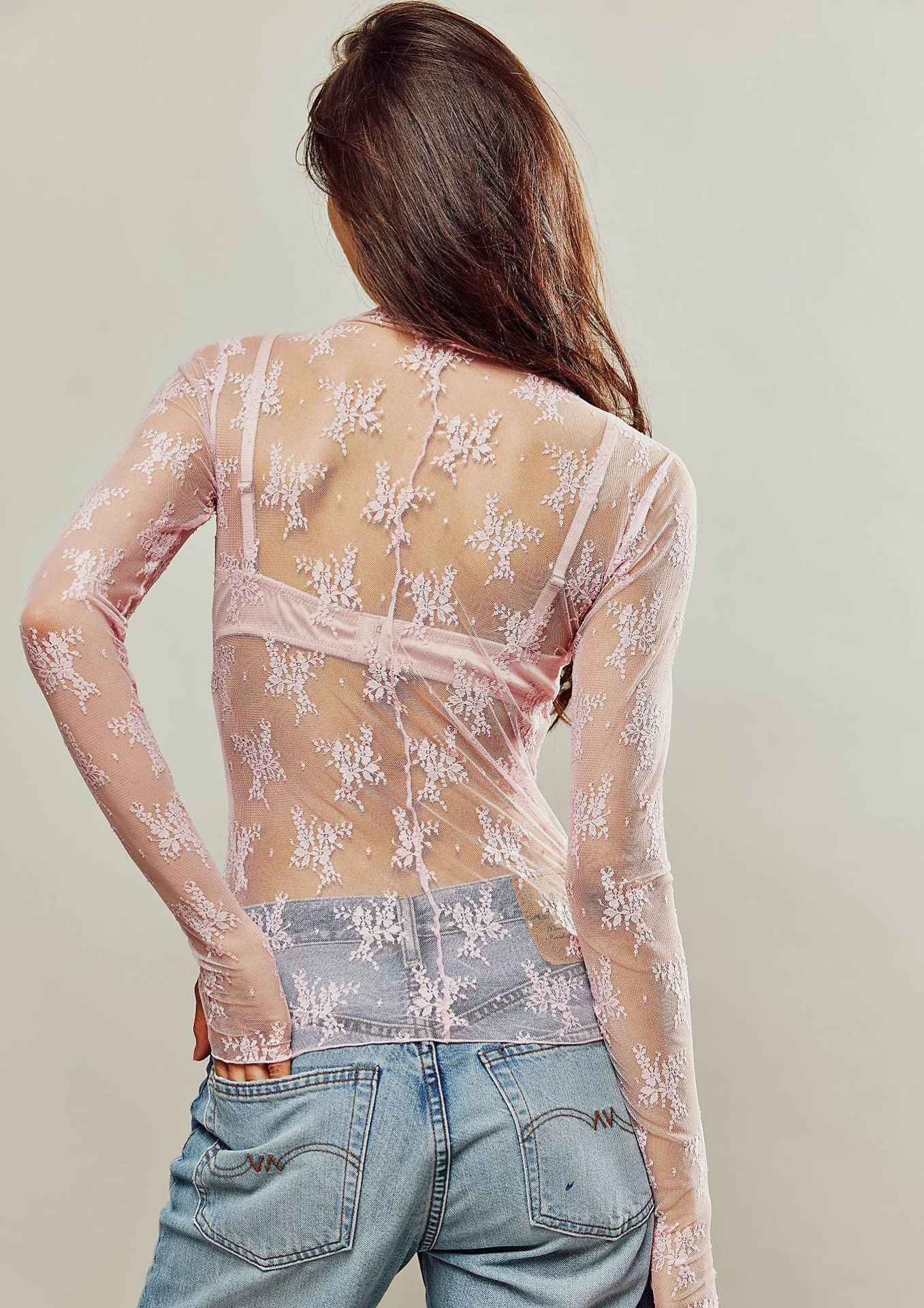 Summer Lace Top Sexy Solid Color Women Clothing Casual Bottoming Long Sleeve Mesh Bottoming Shirt