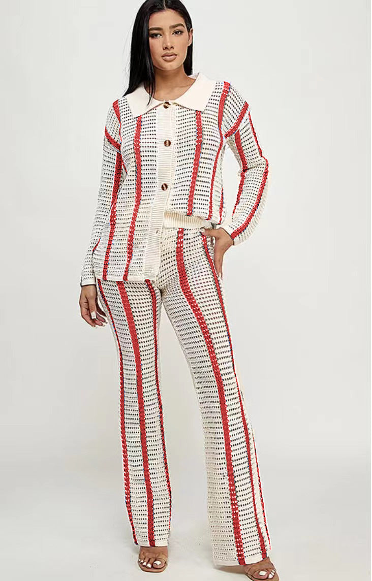 Autumn Sweet Casual Striped Hollow Out Cutout Knitted Cardigan Women Coat Long Sleeve Length Straight Leg Pants Sets - ALZO