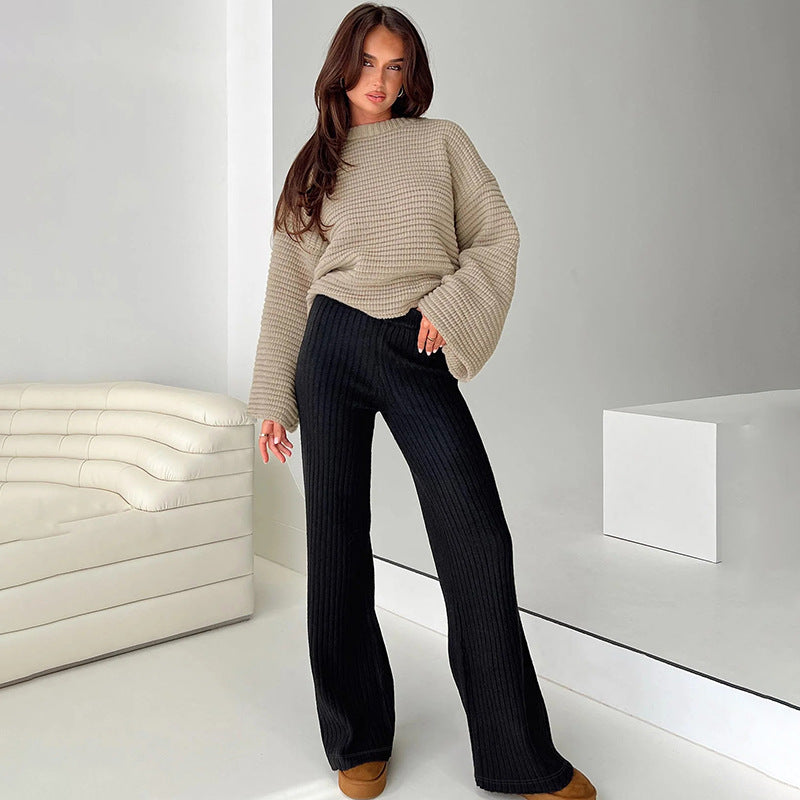 Autumn Winter Thread Knitted Trousers Elastic Elastic Waist Straight Casual Pants Comfortable Slimming Mop Trousers - ALZO