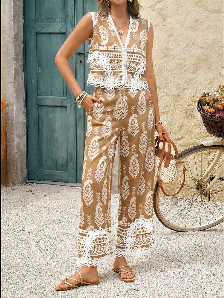 Spring Summer Casual Vacation Bohemian Print Contrast Color Waistcoat Top Long Pants Set Women Clothing