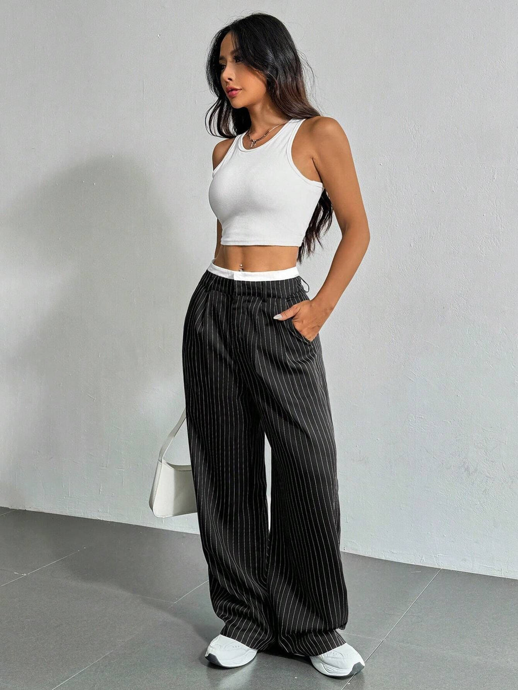 Autumn Winter Casual High Waist Stitching Work Pant Simple Loose Drooping Straight Leg Pants - ALZO