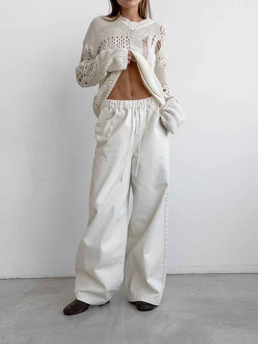 Casual Elegant White Loose Pure Cotton Tied Mid Waist Wide Leg Pants Autumn Winter Classic Trousers - ALZO