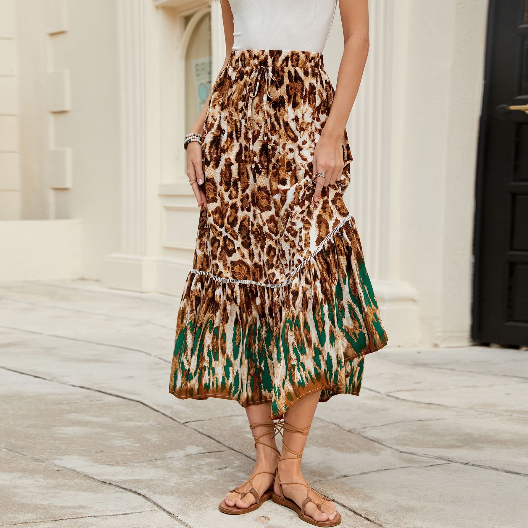 Rayon Leopard Print Elastic Waist Bohemian Beach Vacation Skirt - ALZO