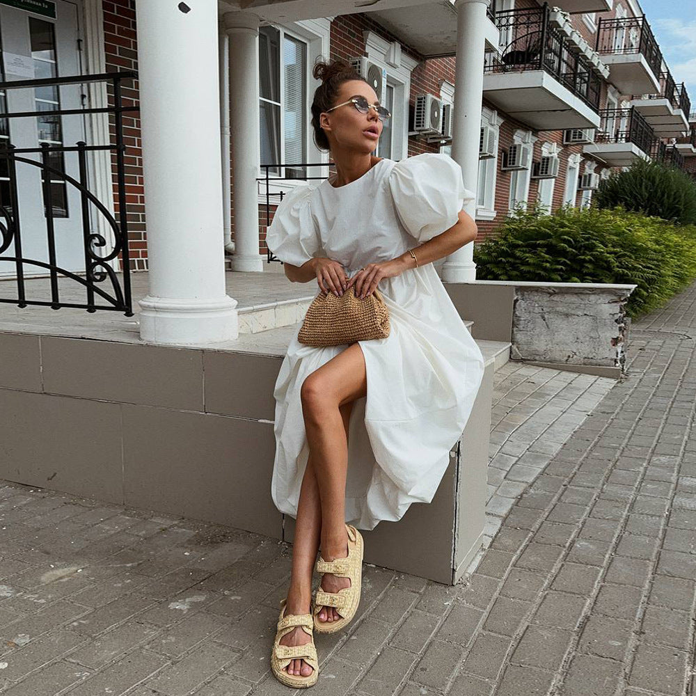 Cotton round Neck Puff Sleeve Dress Spring Summer Solid Color Loose Casual Dress for Women - ALZO