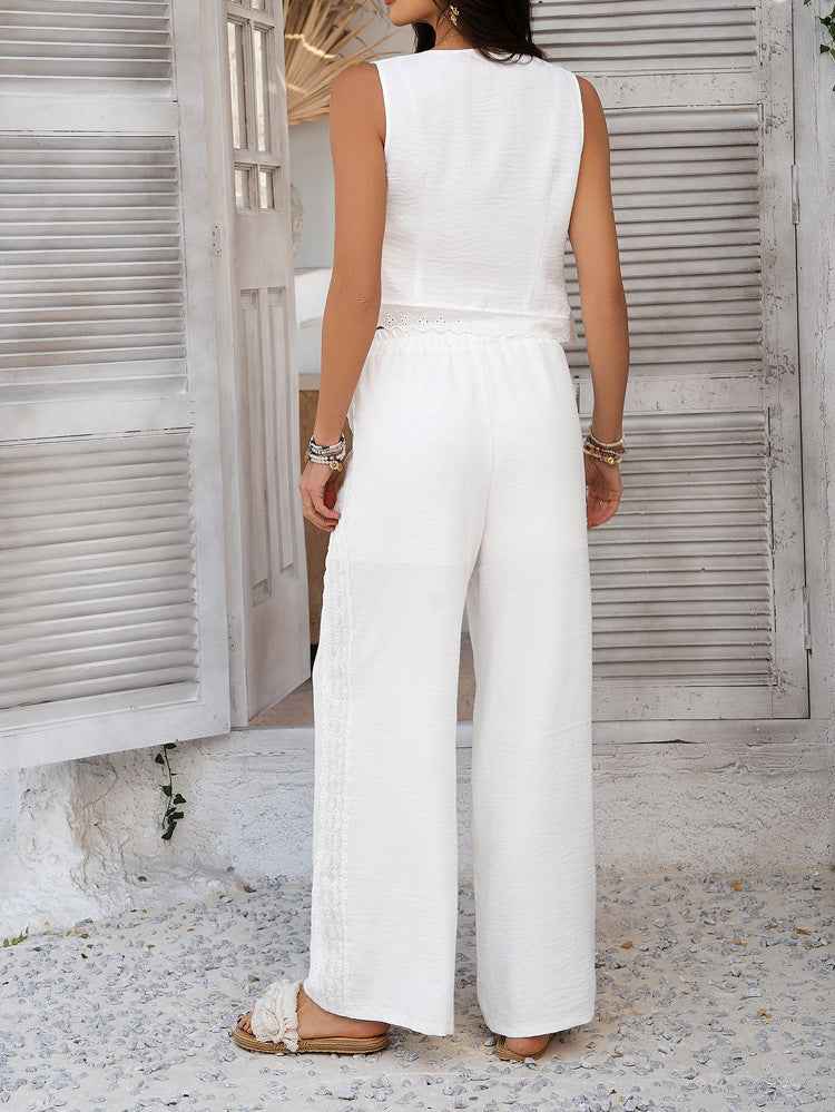 Spring Summer Casual Vacation Office Solid Color Cardigan BM Vest Wide Leg Trousers Set