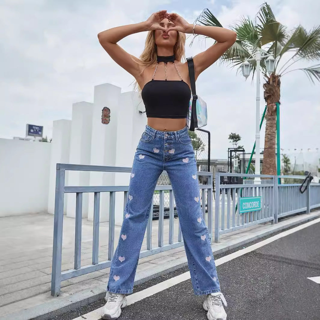Women Clothing Love Embroidered Casual High Waist Straight Jeans Trousers - ALZO