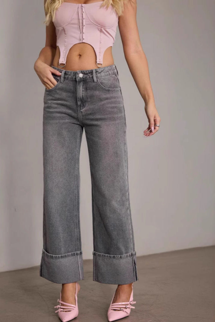 Spring Vintage Stretch Women Straight High Waist Denim Trousers - ALZO