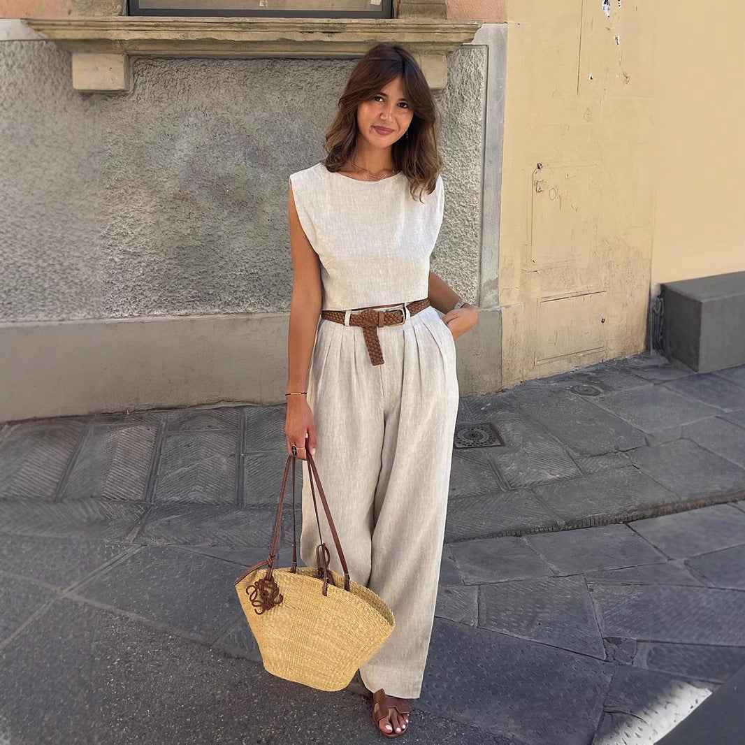 Linen Vest Pants Summer Sleeveless Vest Wide Leg Pants Casual Two Piece Sets