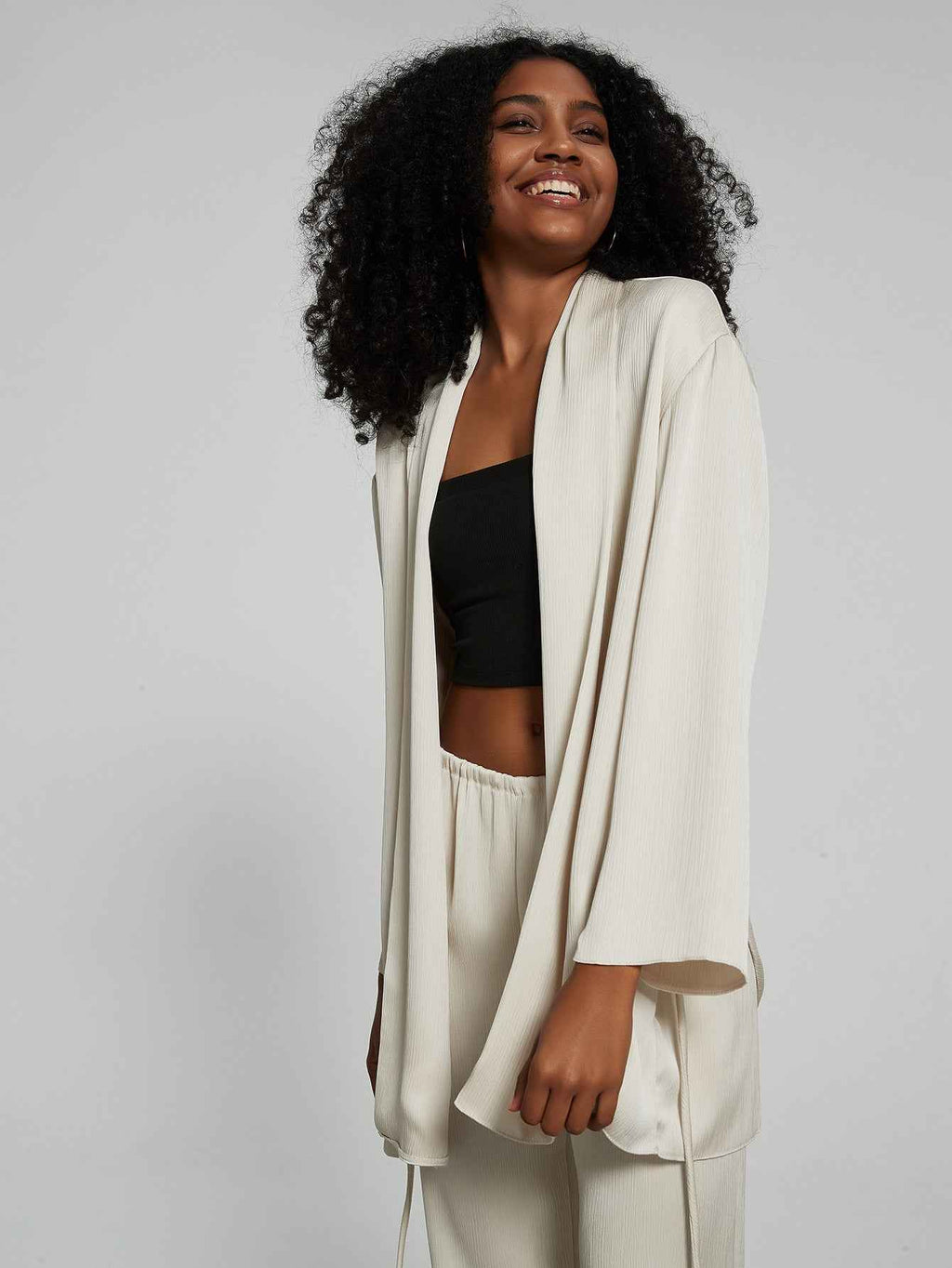 Women Clothing Two Piece Sets Collared Tied Tight Waist Pleated Coat Top Loose Trousers Autumn
