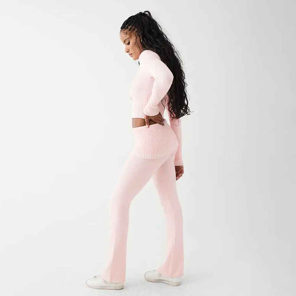 Fall Winter Knitted Two-Piece Sexy Bare Cropped Slim Fit Hoodie Bootcut Pants