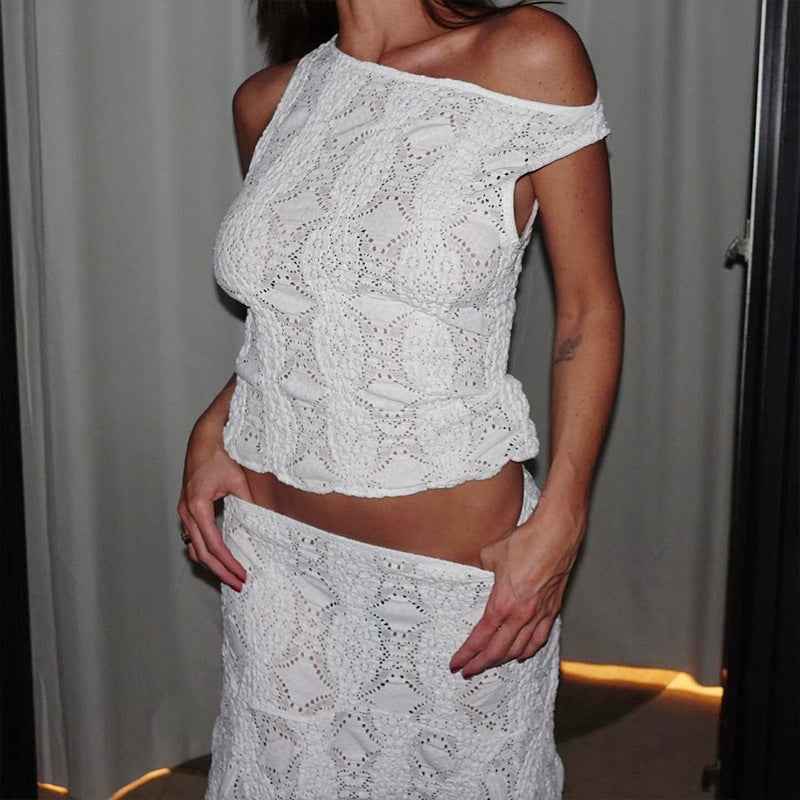 Summer Casual Sexy Two Piece Suit O Neck Short Vest Skirt