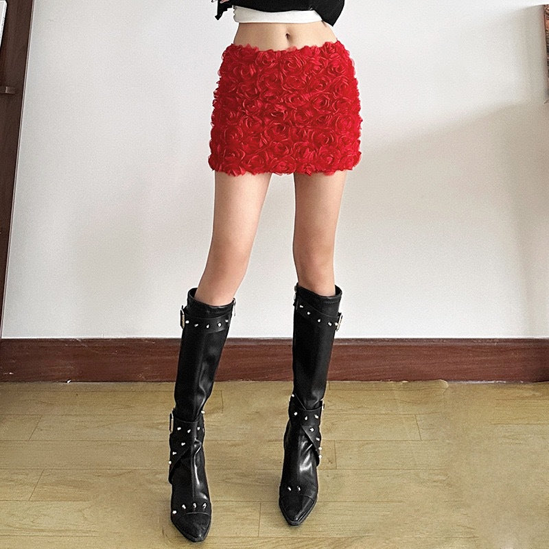 Women Clothing Nightclub Sexy Solid Color Three Dimensional Floral Ultra Short Skirt Straight Hair - ALZO