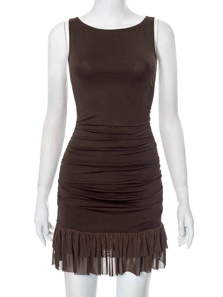 Women Clothing Solid Color Sleeveless Pullover Pleated Ruffled Short Dress