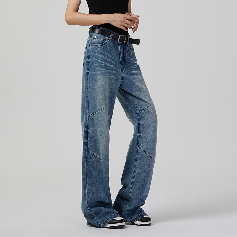 Women Retro Wide Leg Jeans Neutral High Street Denim Simple Casual Loose Trousers Jeans - ALZO