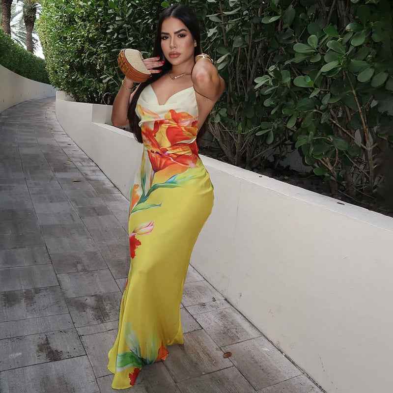 Summer Women Elegant Halter Swing Collar Contrast Color Floral Print Slim Fit Sheath Dress
