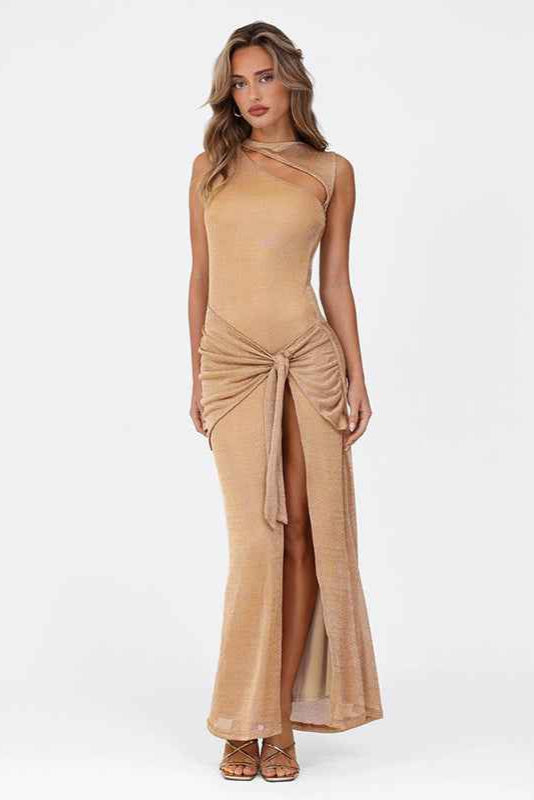 Spring Women Clothing Crew Neck Hollow Out Cutout Sexy High Slit Slim Fit Dress Women