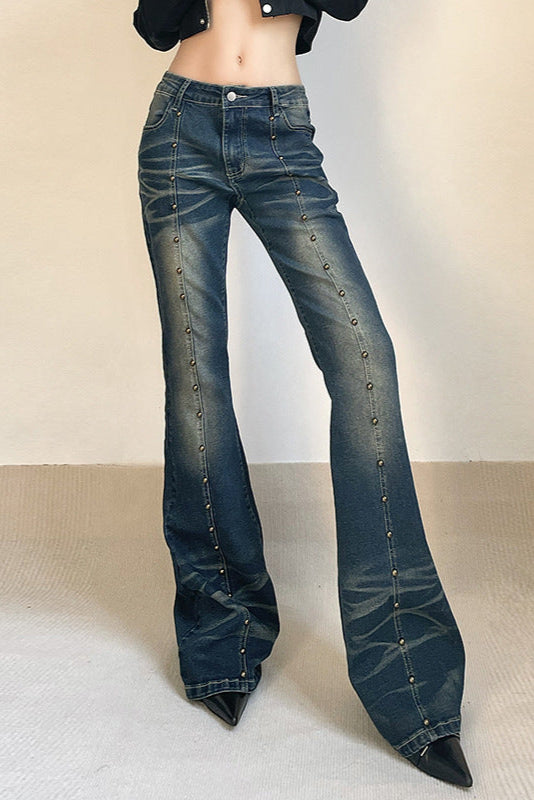 Women Special Rivet Washed Wear White Thin Leg Jeans Sexy High Waist Slimming Mopping Floor Bootcut Trousers - ALZO