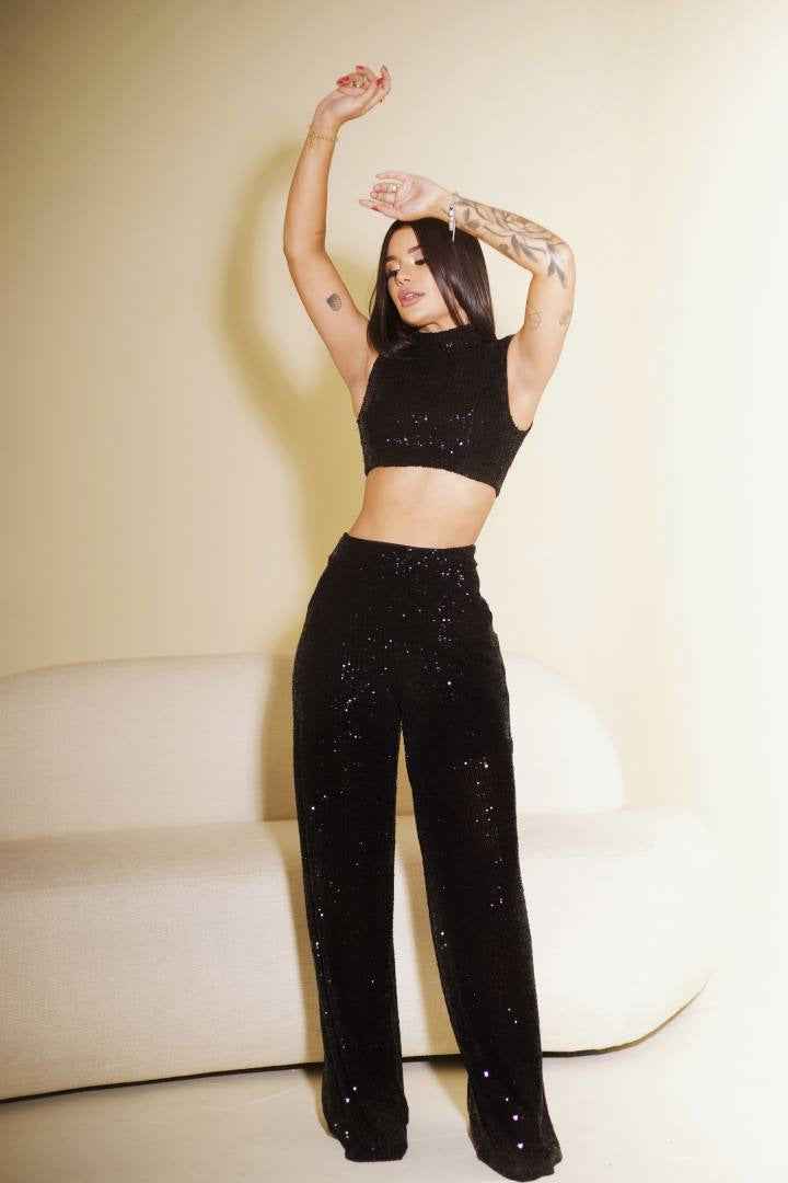 Women Clothing Autumn Sexy Sequined Sleeveless O Neck Short Top Casual Trousers Suit