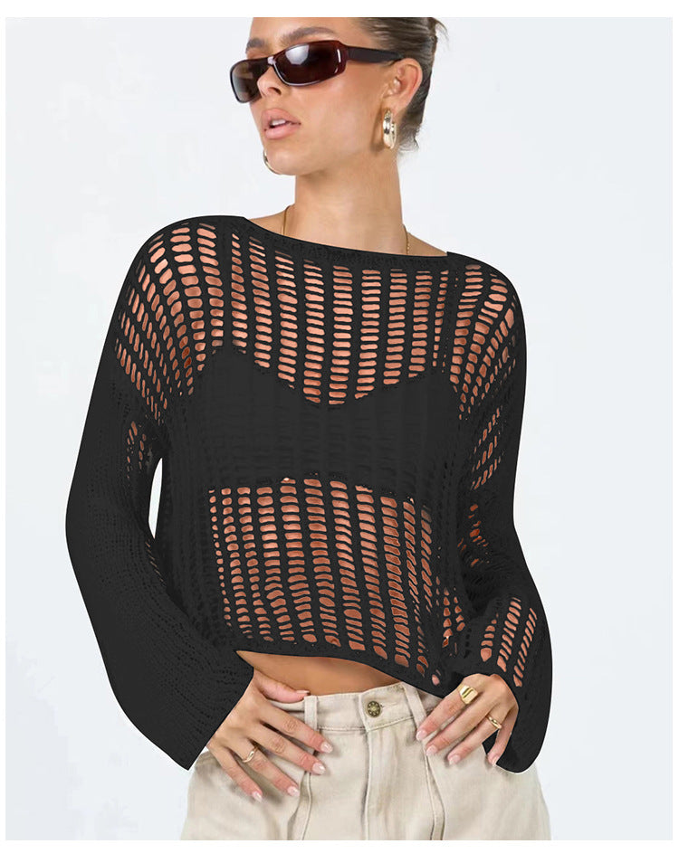 Long Sleeve Hollow Out Cutout Out Knitted Mesh Shirt Women Summer Thin Type Sunscreen Blouse Early Spring Top Outer Wear - ALZO