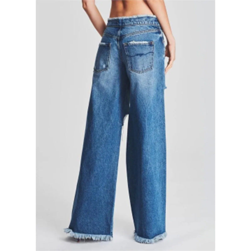 Ladies Jeans Ripped Irregular Asymmetric Side Turn Waist Wide Leg Trousers Women - ALZO