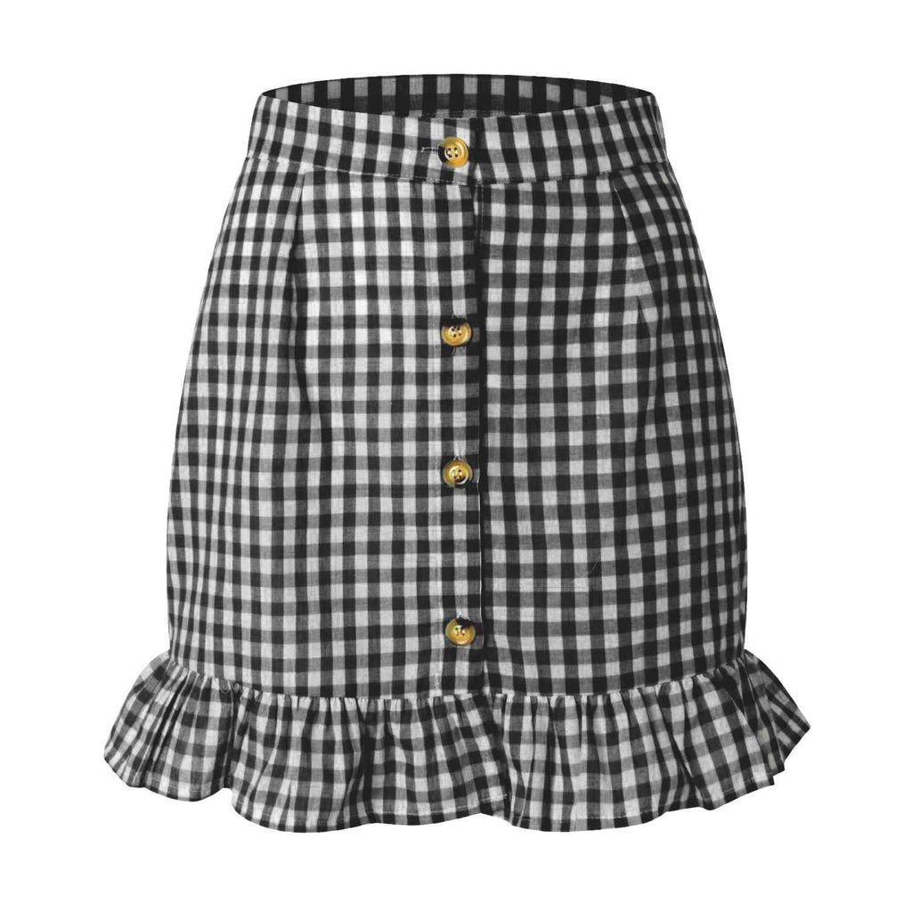 Summer Women Clothing Plaid Lotus Leaf Skirt High Waist Single Row Button Small Plaid Skirt for Women