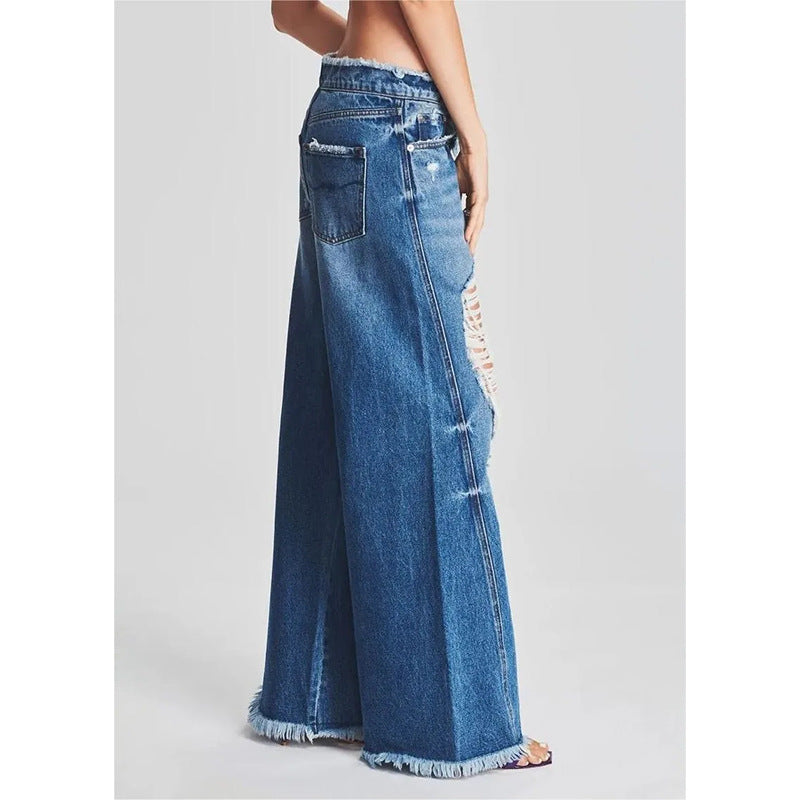 Ladies Jeans Ripped Irregular Asymmetric Side Turn Waist Wide Leg Trousers Women - ALZO