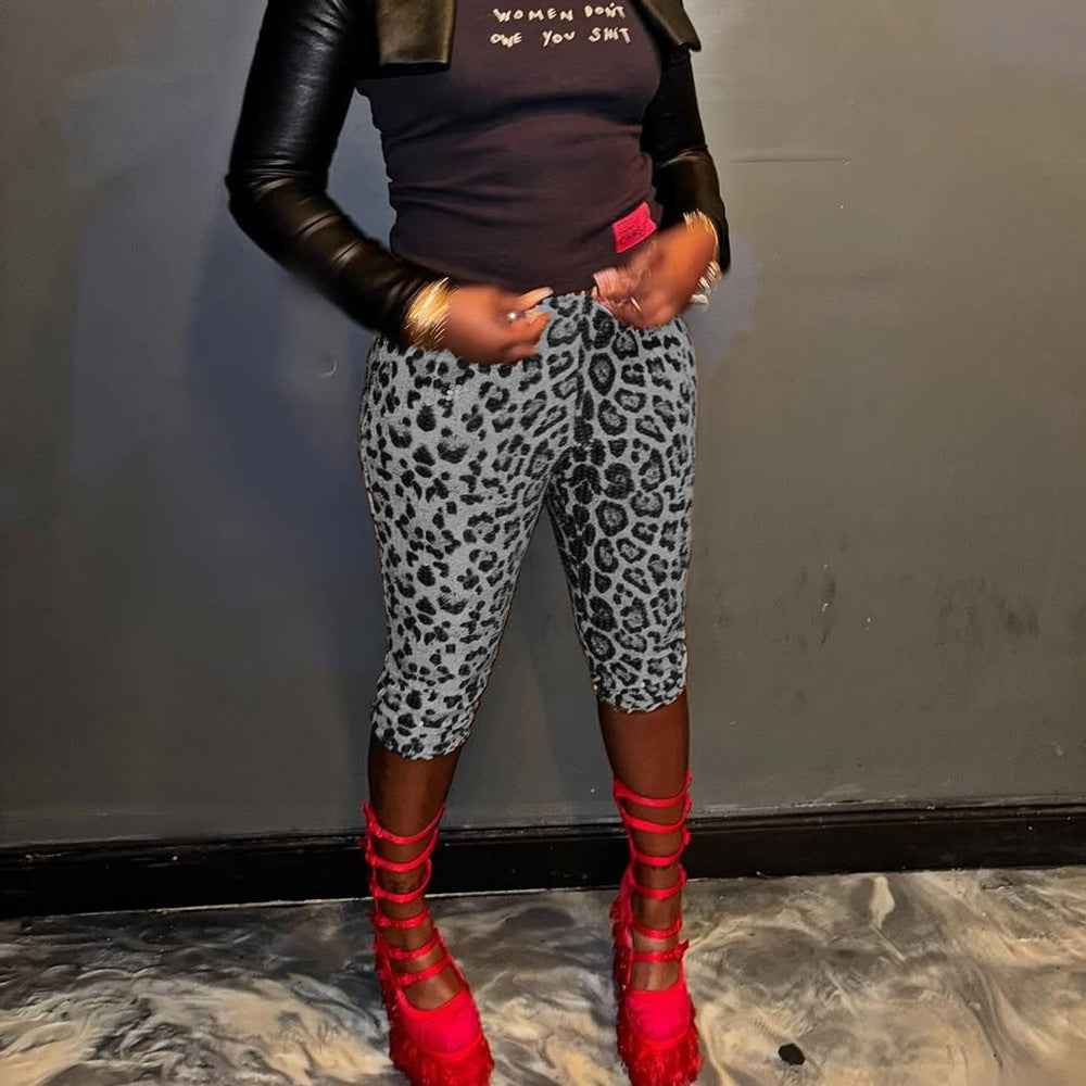 Trendy Sequin Model Sequin Women Leopard Print Stretch Shorts Elastic Waist Casual Shorts Women