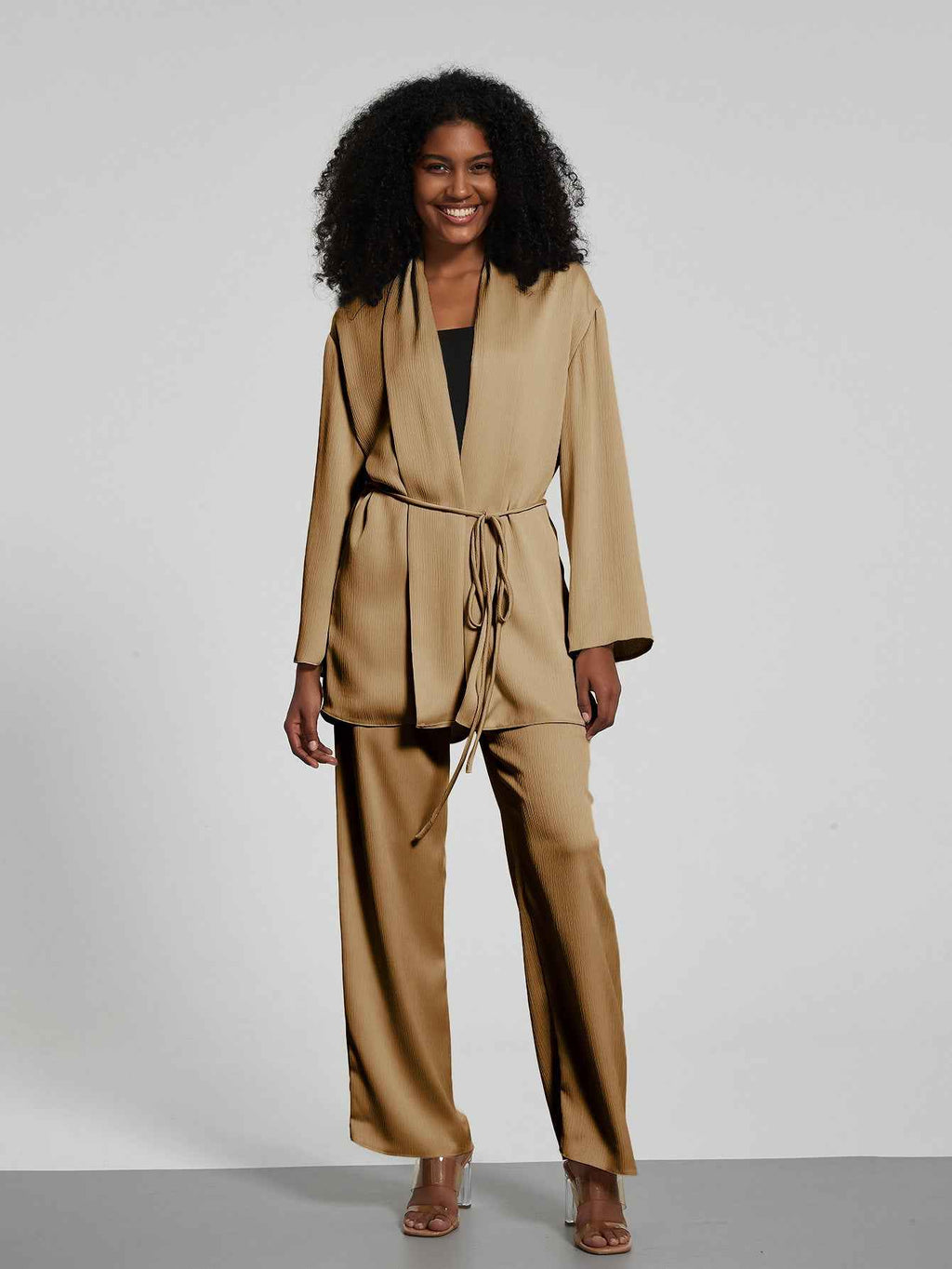 Women Clothing Two Piece Sets Collared Tied Tight Waist Pleated Coat Top Loose Trousers Autumn
