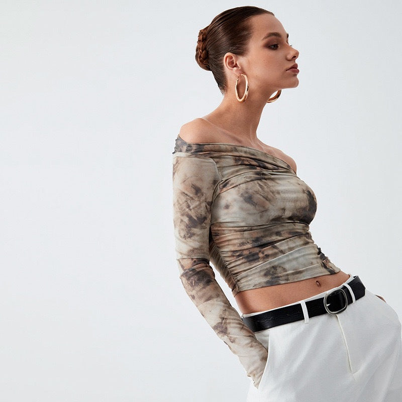 Retro 3D Printed Sexy Off Shoulder Pleated Top Bare Cropped Slim Fit T Shirt Women Spring - ALZO