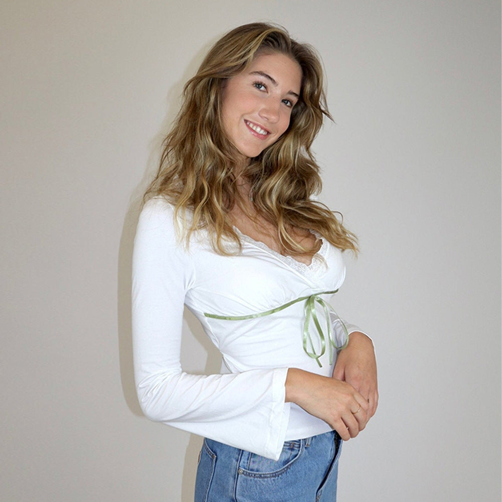 Women Tops V neck Lace Bow Long Sleeve Sexy Slim T shirt - ALZO