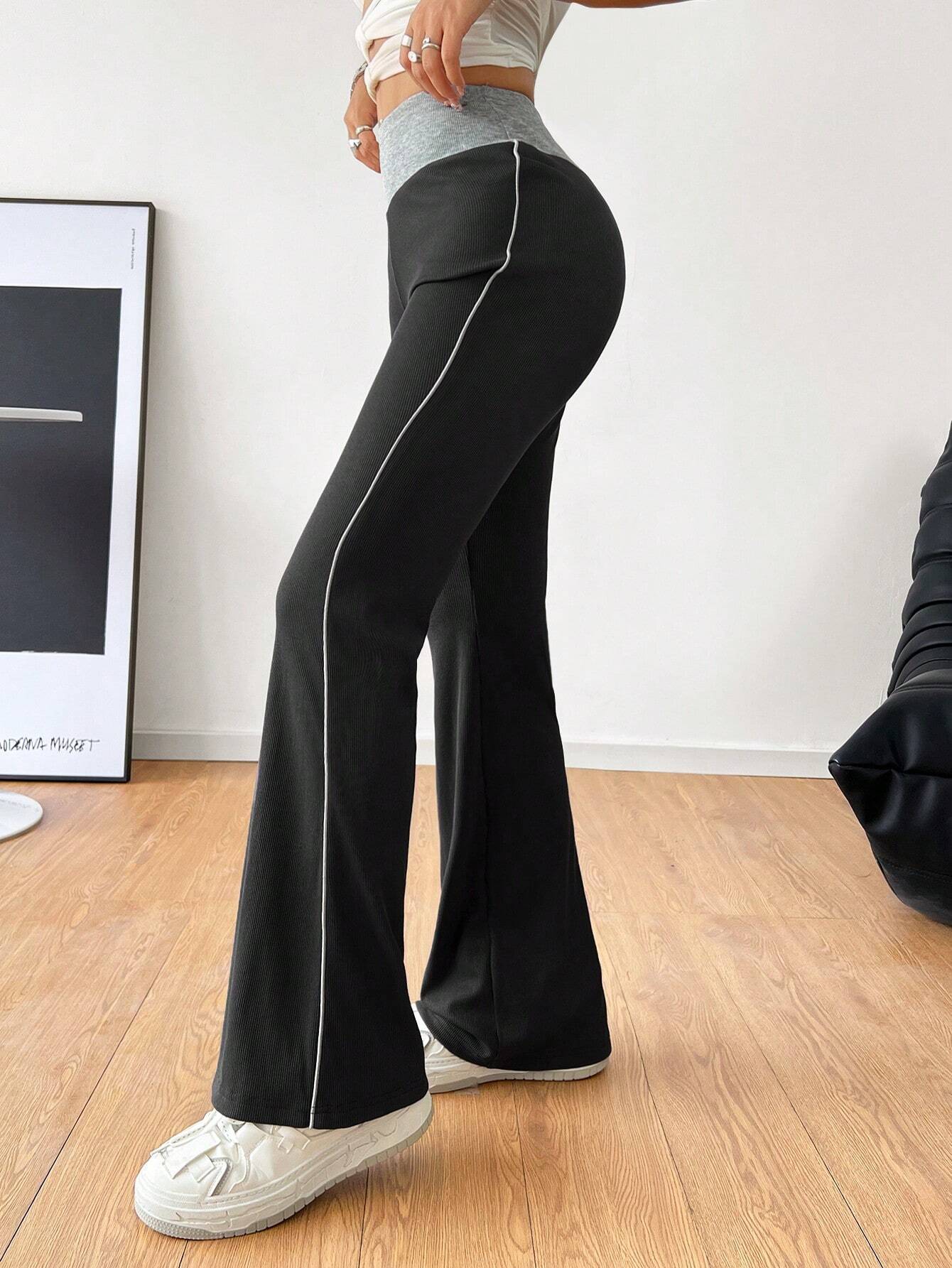 Women Clothing All Match Office Tight Casual Pants Autumn Winter Elastic Waist Contrast Color Wide Leg Pants - ALZO