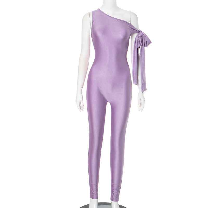 Women Clothing Summer One Shoulder Sexy Twisted Asymmetric Tight Jumpsuit