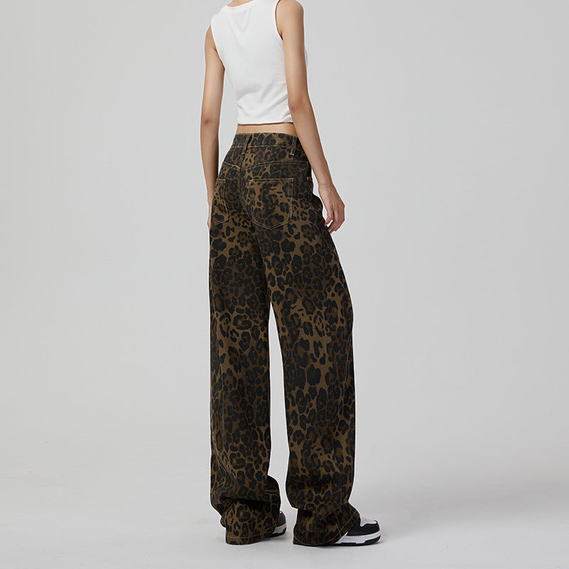 Retro Wide Leg Jeans Women High Street Leopard Print Loose Slimming Wide Leg Pants Jeans - ALZO