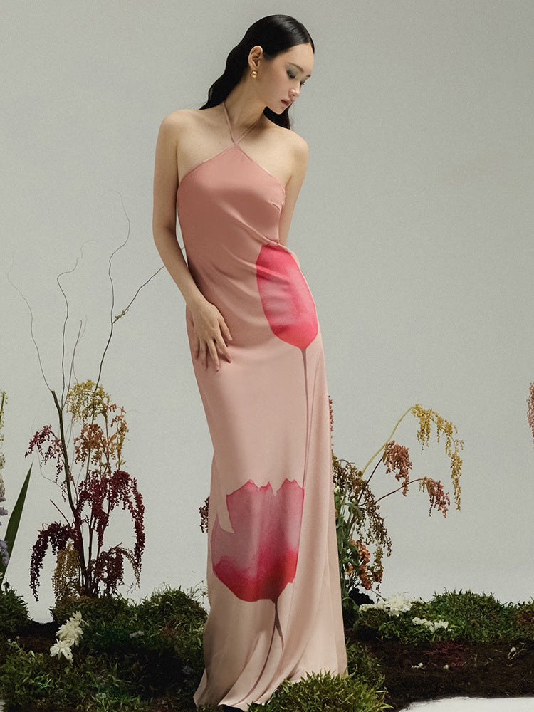 Women Clothing Halter Bare Back A line Loose Printed Dress - ALZO