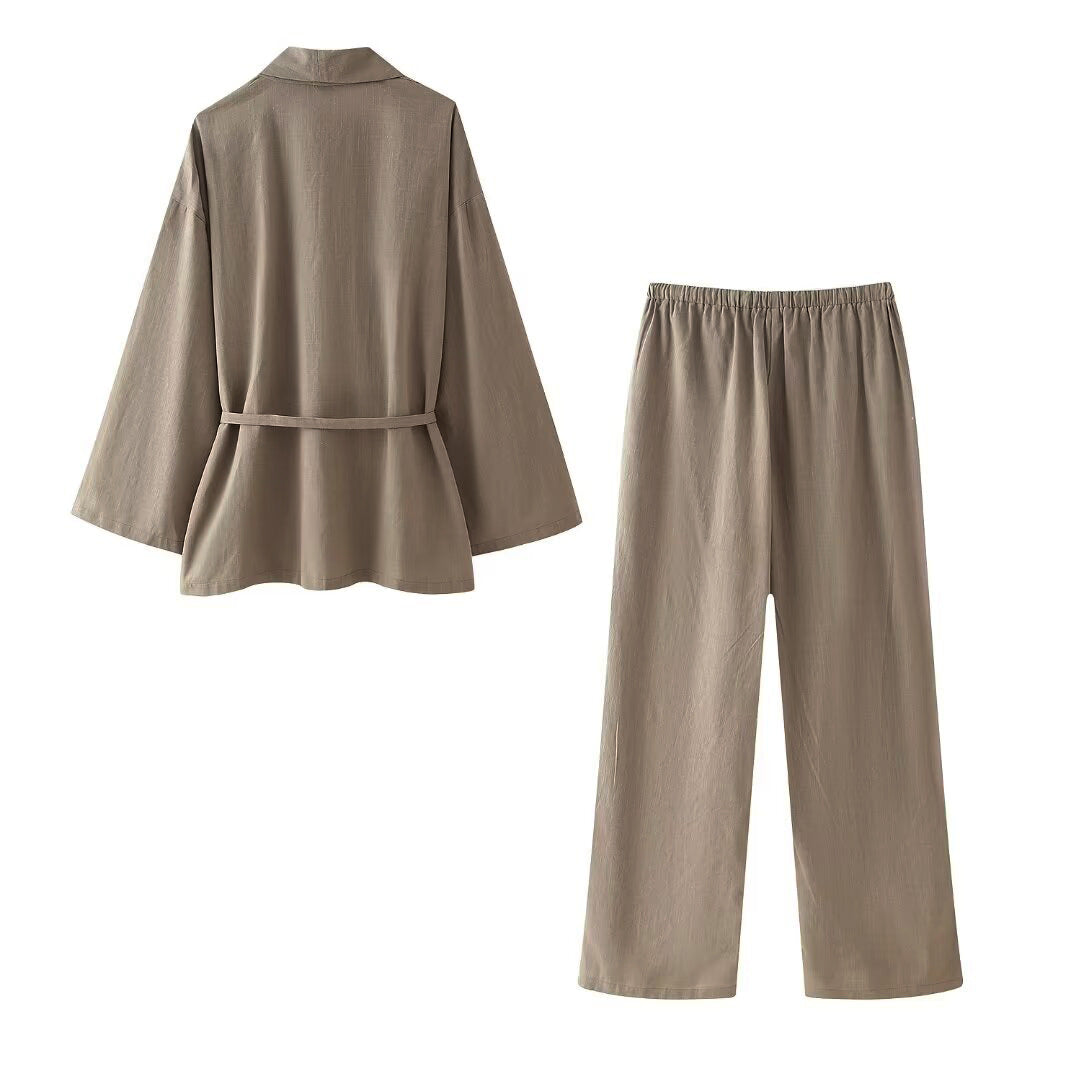 Women Clothing Casual Two Piece Sets Spring Autumn Kimono Lace up Top Pajamas Pants - ALZO