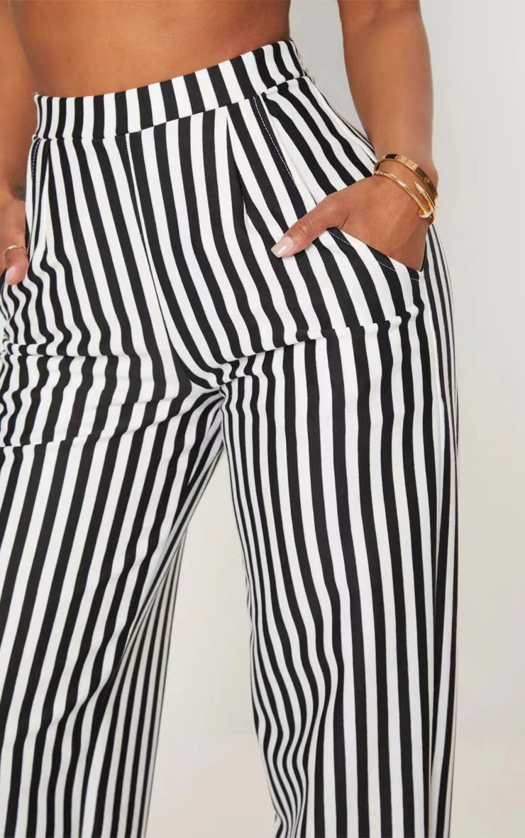 Women Clothing Black Striped Printed High Waist Straight Casual Wide Leg Pants - ALZO