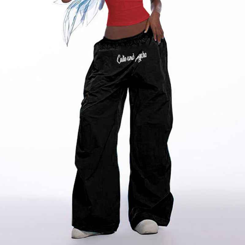 Sexy Letter Graphic Printing Blue Loose Casual Trousers Elastic Waist Minimalism Woven Wide Leg Pants