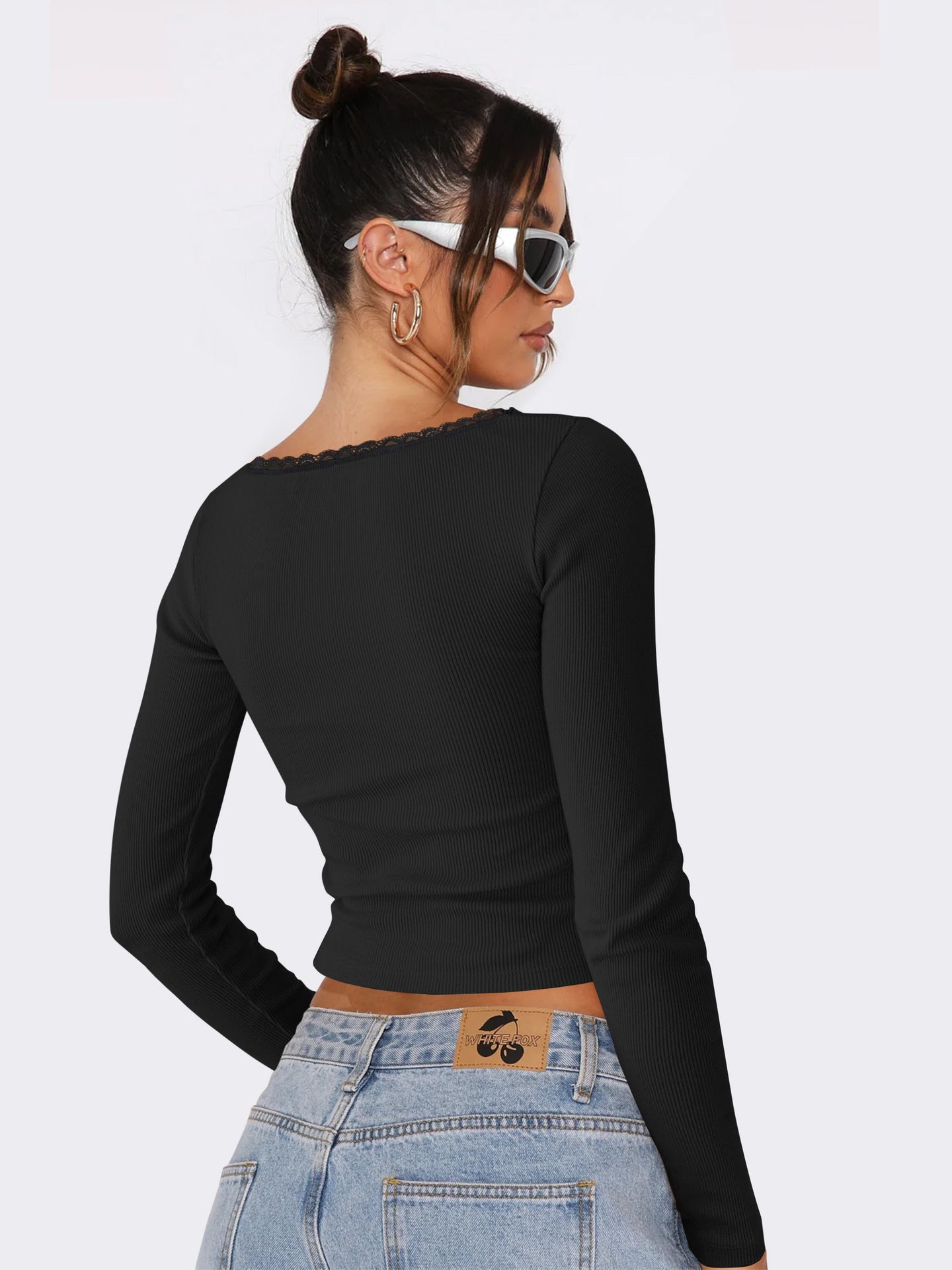 Long Sleeved T Shirt Women Brand Slimming Slim Lace Stitching Sexy Top U Neck Bottoming Shirt - ALZO