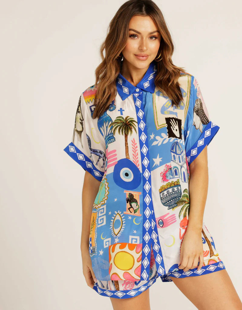 Summer Casual All Match Positioning Printing Cardigan Shirt Shorts Set - ALZO