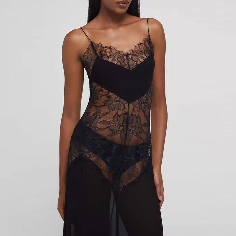 Spring Summer Women Clothing Sexy See through High Waist Slim Strap Dress Two Piece Sets - ALZO