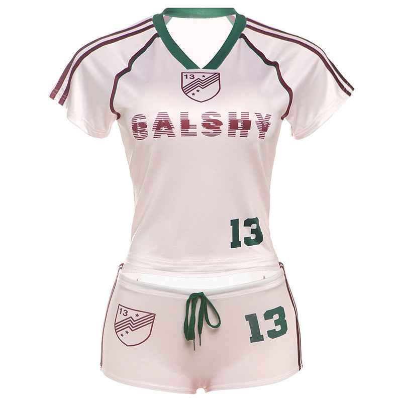 Spring Summer Women Clothing Casual Printing round Neck Short Sleeve T shirt Drawstring Super Short Shorts Two Piece Sets Women
