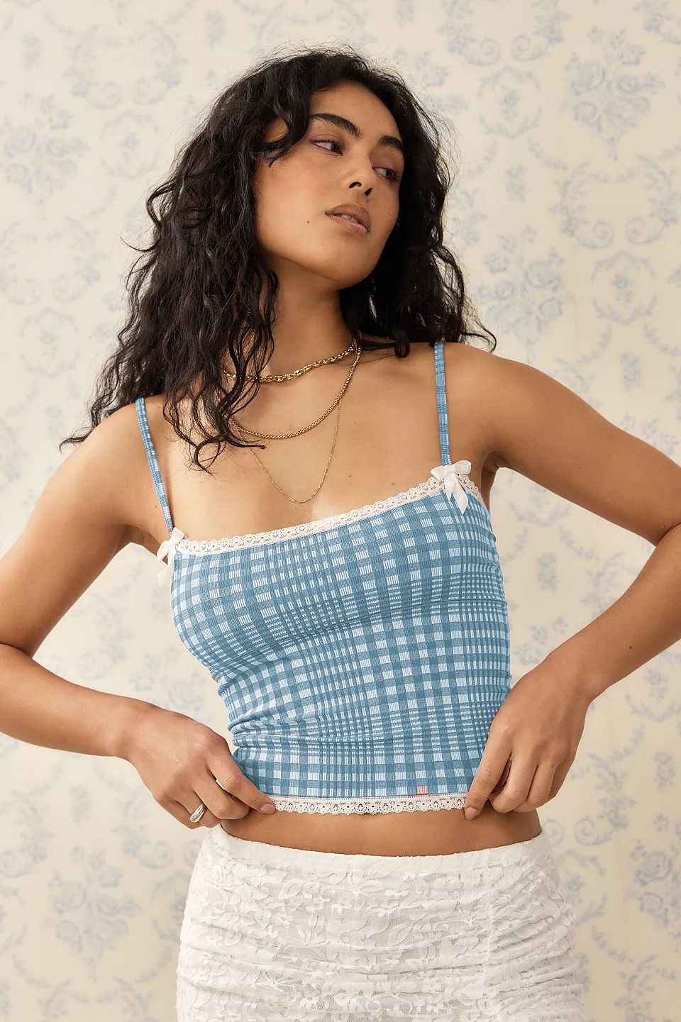 Summer Women Clothing Plaid Lace Sling Slim Fit Tank Top Sweet Spicy