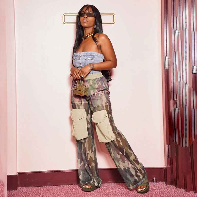 Women Clothing Mesh Large Pocket Camouflage Cargo Pants Elastic Waistband Lace up Double Layer Straight Casual Trousers