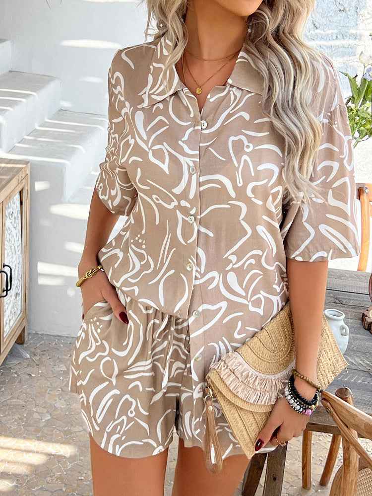 Spring Summer Casual Vacation Wind Floral Contrast Color Cardigan Short Blouse Pants