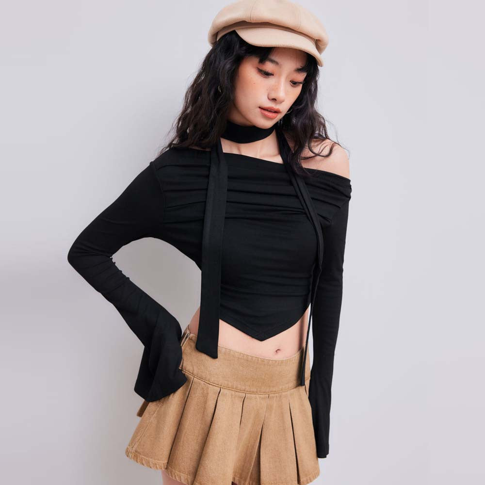 Sweet Spicy Sexy T shirt Autumn Winter Boat Collar off the Shoulder Design Short Top - ALZO