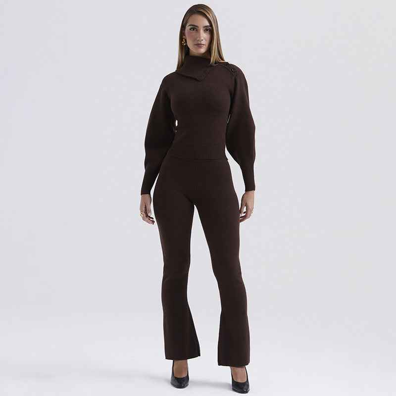 Winter Two Piece Set Sexy Trend Hooded Long Sleeve Straight Leg Pants Knitting Set