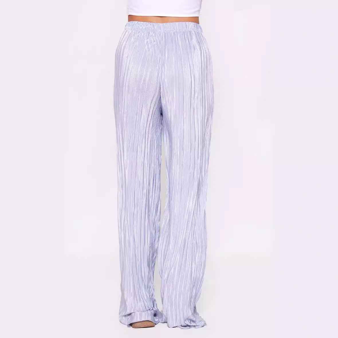 Summer Women Wide Leg Pants High Grade Luxury Pleated Satin Flash Casual Pants