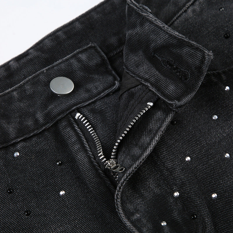 Retro Personalized Rhinestone Distressed Loose Wide Leg Low Waist Jeans Autumn Winter Draped Casual Pants - ALZO