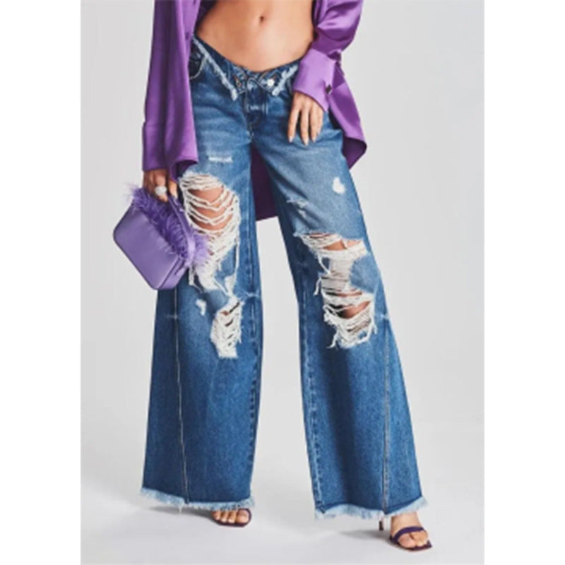 Ladies Jeans Ripped Irregular Asymmetric Side Turn Waist Wide Leg Trousers Women - ALZO